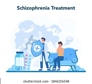 Psychiatrist concept. Mental health diagnostic. Doctor treating schizophrenia. Psychological support. Problem with mind. Vector illustration in cartoon style
