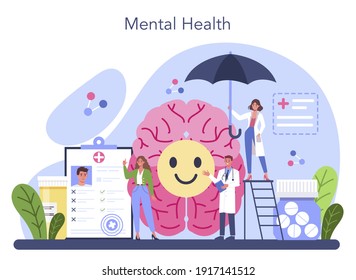 Psychiatrist concept. Mental health diagnostic. Doctor treating mind disease with psychiatry. Psychological support. Vector flat illustration