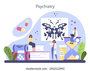 Psychiatrist concept. Mental health diagnostic. Doctor treating mind disease with psychiatry. Psychological support. Vector flat illustration