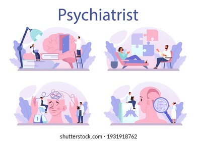 Conjunto de conceptos psiquiatras. Diagnóstico de salud mental. Doctor tratando la mente humana. Prueba psicológica y ayuda. Análisis de pensamientos y emociones. Ilustración vectorial en estilo de caricatura