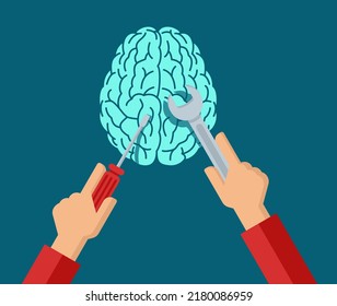 Psychiatrist concept - working with human brain using hand repair tools to prevent and cur mental disorders