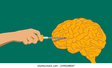 Psychiatrist concept - working with human brain using screwdriver to prevent and cure mental disorders