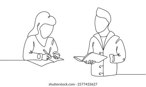 A psychiatrist conducts a psychological diagnosis of a patient using tests and questionnaires. Diagnosis of personality and mental state as an important element of a doctor’s work. Simple vector.