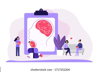 Psychiatrist counseling faceless patients flat vector illustration. Mental disorder, addiction and depression treatment. Family psychologist, psychoanalysis and psychotherapy concept