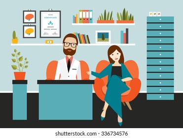 Psychiatrist doctor listening to female patient with sadness and depression. Cartoon flat vector.