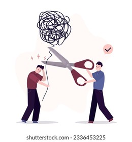 Psychiatrist doctor uses scissors and cuts rope of mental problems. Sick man with psychological problems and messy chaos in his head. Help of psychologist, treatment of mental burden. flat vector