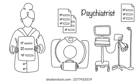 Psychiatrist. A doctor who specializes in mental disorders. Nearby, drawn in a line, are the tools necessary to carry out high-quality work as a psychiatrist. Vector illustration of a continuing line 