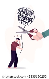 Psychiatrist hand uses scissors and cuts rope of mental problems. Sick man with psychological problems and messy chaos in his head. Help of psychologist, treatment of mental burden. flat vector