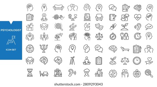 Psychiatrist Icon Set: A comprehensive collection of line art icons representing various aspects of psychiatry, mental health, psychology, and therapy.