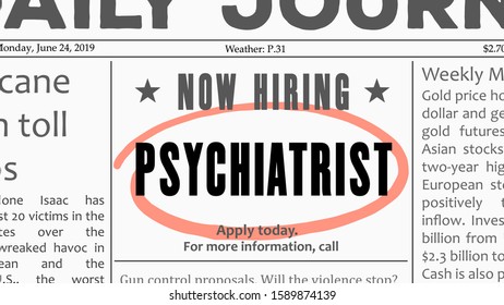 Psychiatrist job offer. Newspaper classified ad career opportunity.