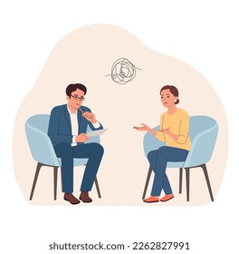 Psychiatrist  man work with woman on the chairs. Psychological consultation. Vector flat style illustration