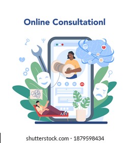 Psychiatrist online service or platform. Mental health diagnostic. Doctor treating human mind. Psychological support. Online consultation. Vector illustration