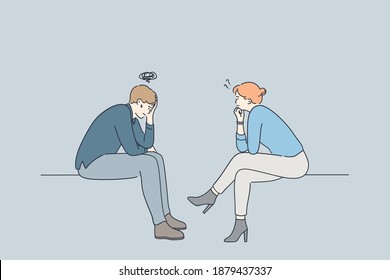 Psychiatrist, psychological support, depression concept. Young depressed unhappy man patient cartoon character sitting and communicating with woman psychologist during visit in clinic 