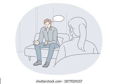 Psychiatrist, psychological support, medicare concept. Young depressed man patient cartoon character sitting and telling his troubles to woman psychologist during visit in clinic 