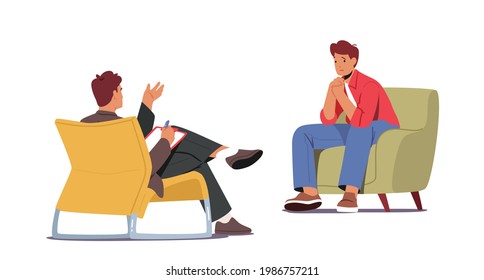 Psychiatrist Session in Mental Health Clinic. Patient Character with Depression Disorder in Psychologist Office. Man Sit on Couch Talking to Practitioner in Cabinet. Cartoon People Vector Illustration