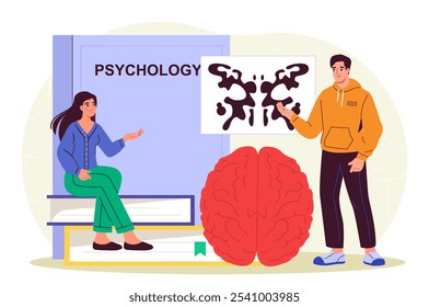 Psiquiatra com teste. Homem e mulher perto do teste de Rorschach. Diagnóstico de problemas mentais e psicológicos. Depressão e frustração. Ilustração de vetor plano isolada no plano de fundo branco