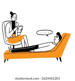 Um psiquiatra está tratando um paciente. Ilustração de vetor desenhada à mão.