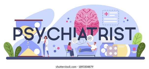 Psychiatrist typographic header. Mental health diagnostic. Doctor treating mind disease with psychiatry. Psychological support. Vector flat illustration