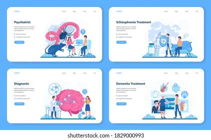 Psychiatrist web banner or landing page set. Mental health diagnostic. Doctor treating schizophrenia, dementia. Psychological support. Problem with mind. Vector illustration in cartoon style