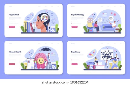 Psychiatrist Web Banner Or Landing Page Set. Mental Health Diagnostic. Doctor Treating Mind Disease With Psychiatry. Psychological Support. Vector Flat Illustration