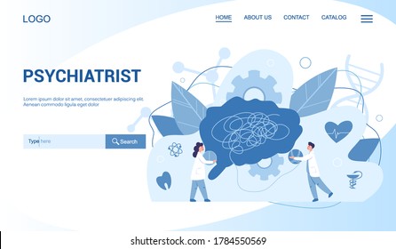 Psychiatrist web banner. Mental health idea. Doctor treat person mentality. Psychological support. Problem with mind. Vector illustration in cartoon style