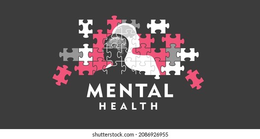 Psychiatry concept, bipolar brain disorder, mental recovery, Vector illustration of two human personalities, it is necessary to collect puzzles into one picture, conceptual emblem Black background