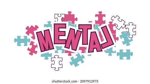 Psychiatry concept, bipolar brain disorder, mental recovery, Vector illustration you need to collect puzzles into one picture, conceptual emblem, health of the mind,