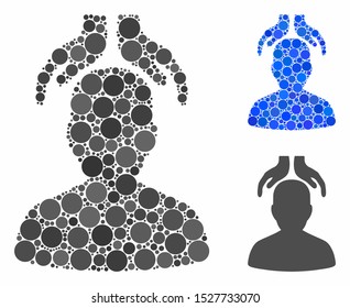 Psychiatry hands composition of filled circles in different sizes and color tones, based on psychiatry hands icon. Vector filled circles are organized into blue composition.