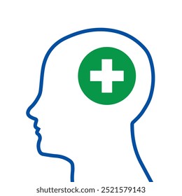 Psychiatry icon sign. Mental health icon symbol vector illustration. Head with a green cross. Psychological help, psychiatry concept, therapy course, cognitive development, vector line icon.