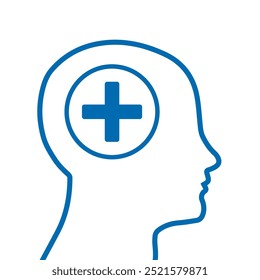 Psychiatry icon sign. Mental health icon symbol vector illustration. Head with a blue cross. Psychological help, psychiatry concept, therapy course, cognitive development, vector line icon.