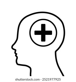 Psychiatry icon sign. Mental health icon symbol vector illustration. Head with a cross. Psychological help, psychiatry concept, therapy course, cognitive development, vector line icon.