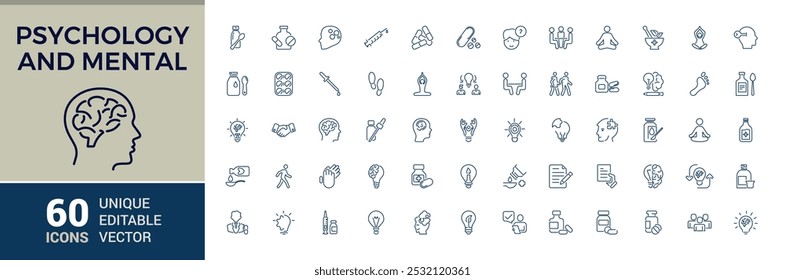 Ícones de psiquiatria. Conjunto de Psicologia e ícones de estilo linear fino mental. Relacionados com Tratamento, Terapia, Psicologia. Ilustração de vetor.