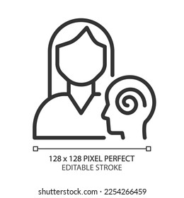 Psychiatry pixel perfect linear icon. Mental disorders diagnostics and treatment. Cognition, mood. Health care service. Thin line illustration. Contour symbol. Vector outline drawing. Editable stroke