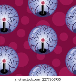Psychic day greeting card, vector illustration with magic sphere, crystal ball seamless pattern background. August 7.