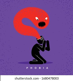 Psychical problems such as phobia psychosis schizophrenia hallucinations vector concept illustration in flat trendy style, psychiatry and psychology allegory, man with monster from his head.