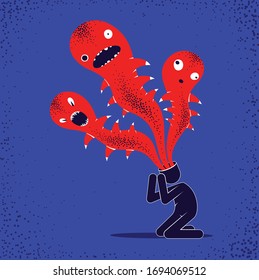 Psychical problems such as phobia psychosis schizophrenia hallucinations vector concept illustration in flat trendy style, psychiatry and psychology allegory, man with monster from his head.