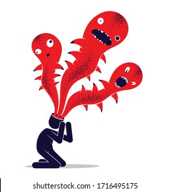 Psychical problems such as phobia psychosis schizophrenia hallucinations vector concept illustration in flat trendy style, psychiatry and psychology allegory, man with monster from his head.