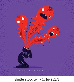 Psychical Problems Such As Phobia Psychosis Schizophrenia Hallucinations Vector Concept Illustration In Flat Trendy Style, Psychiatry And Psychology Allegory, Man With Monster From His Head.