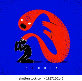 Psychical problems such as phobia psychosis schizophrenia hallucinations vector concept illustration in flat trendy style, psychiatry and psychology allegory, man with monster from his head.