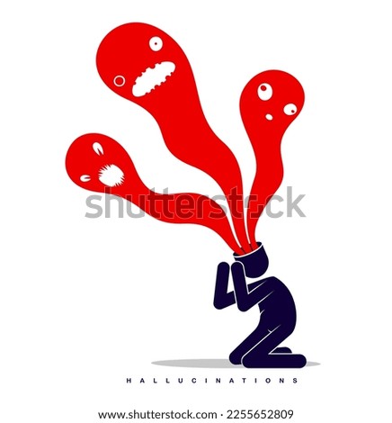 Psychical problems such as phobia psychosis schizophrenia hallucinations vector concept illustration in flat trendy style, psychiatry and psychology allegory, man with monster from his head.