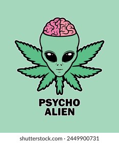 Psycho alien vector. Cannabis, alien, brain, ufo vector