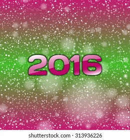 Psycho color background with falling snow and numbers of 2016. New year symbol.