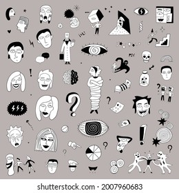 psycho, crazy people face doodle set 