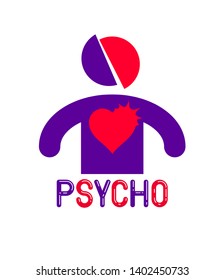 Psycho funny vector cartoon logo or poster with weird expression man icon, t shirt print or social media picture.