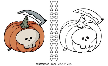Psycho Pomp Pumpkin. Coloring book, outline and doodle cute pumpkin characters. Halloween, trick or treat coloring book page activity for kids and adults. Hand drawn vector illustration. 