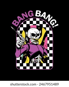 Psycho skull with a gun in a portal to the outer space. Skull vector. Portal to galaxy concept design. Bang bang vector
