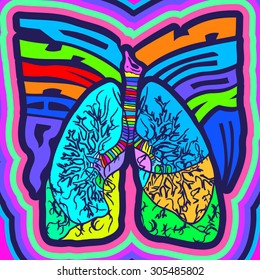 Psycho Smoke - vector illustration with lungs - crazy psychedelic retro style 