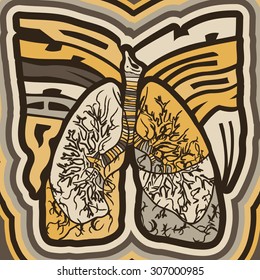 Psycho Smoke - vector illustration with lungs - crazy psychedelic retro style