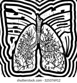 Psycho Smoke - vector illustration with lungs - crazy psychedelic monochrome style