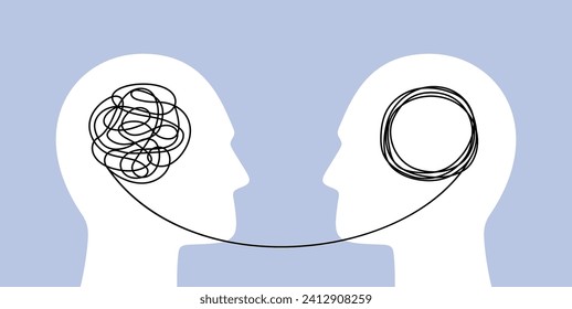 Psycho therapy. Therapist and patient heads with tangled knot and unraveling thread of thoughts. Mental health, problem solving and brainstorm vector concept. Psychologist counseling